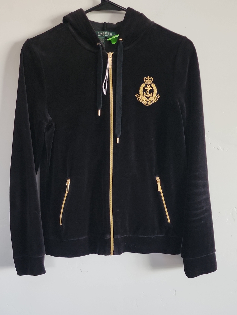 Lauren Ralph Lauren Black Velour Hoodie with Gold Crest Detail